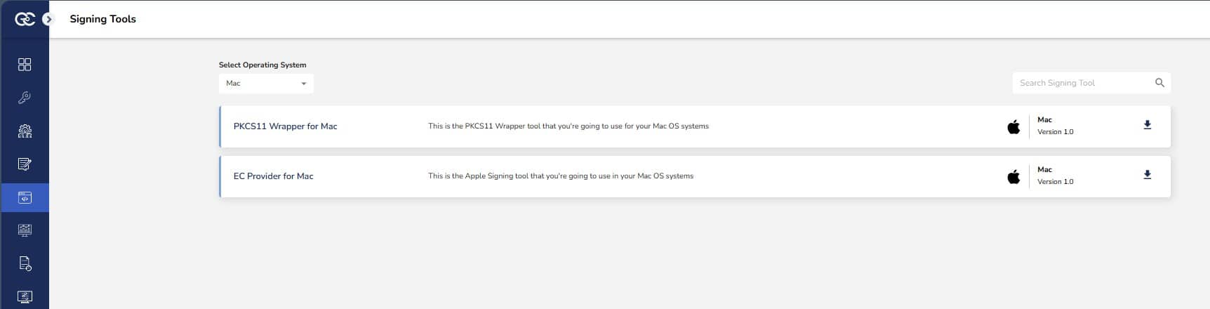 Signing tools section in CodeSign Secure
