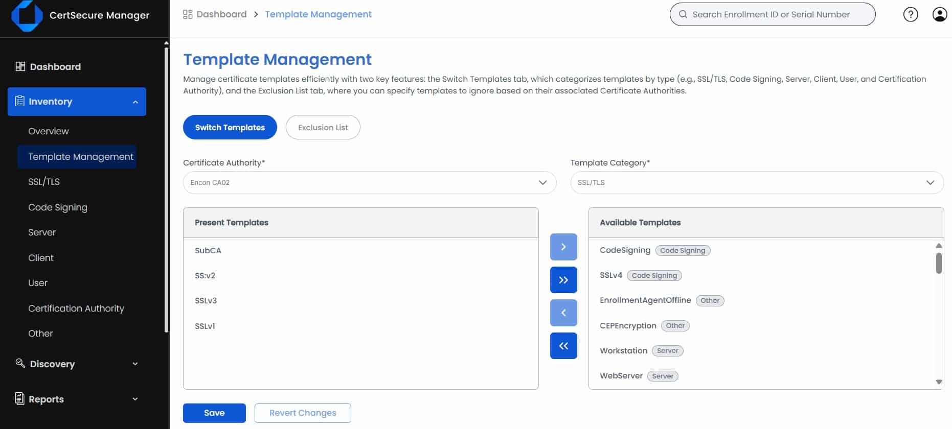 CertSecure Template Management.